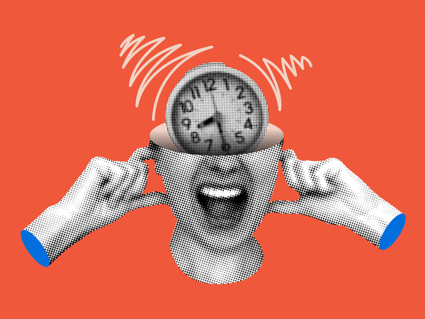 Deadline and tired concept. Screaming woman and alarm clock