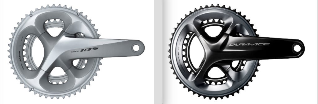 Note the family resemblance between Shimano's 105 (left) and Dura-Ace (right) cranksets. Differences? 63 grams, mostly in the large chainring, and three additional length options for Dura-Ace.