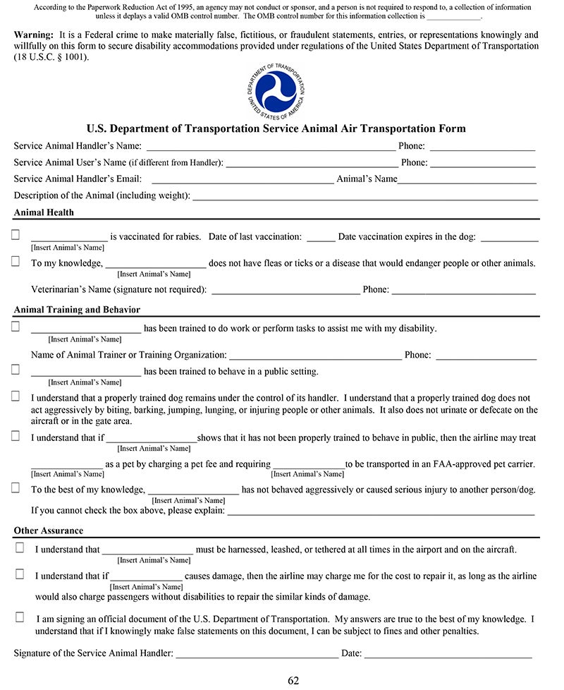The general service animal transportation form handlers will need to fill out before they fly