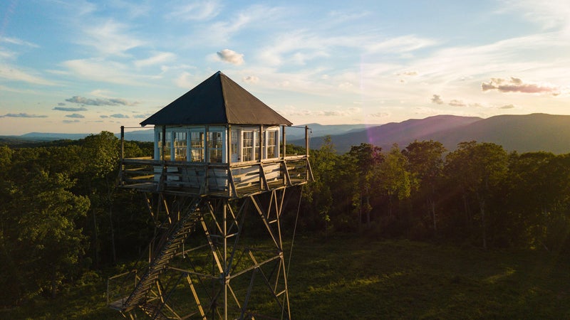 The Thorny Mountain fire tower faces a morning view of the mountains surrounding Seneca State Forest in West Virginia.