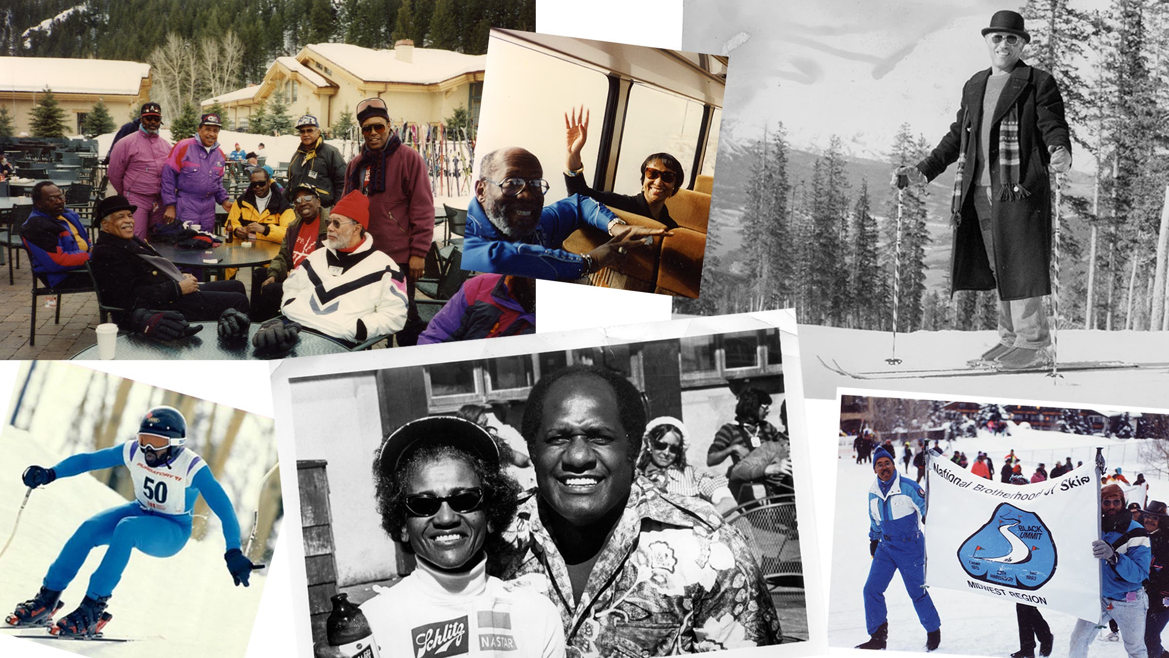 Clockwise from top left: Sun Valley, 1975; famed sailor Bill Pinkney and Mildred Hunter riding the bus to a summit; Art Clay; Vail, 1993; former Green Bay Packers player Willie Davis and an unidentified attendee in Sun Valley, 1975; Mike Lanier