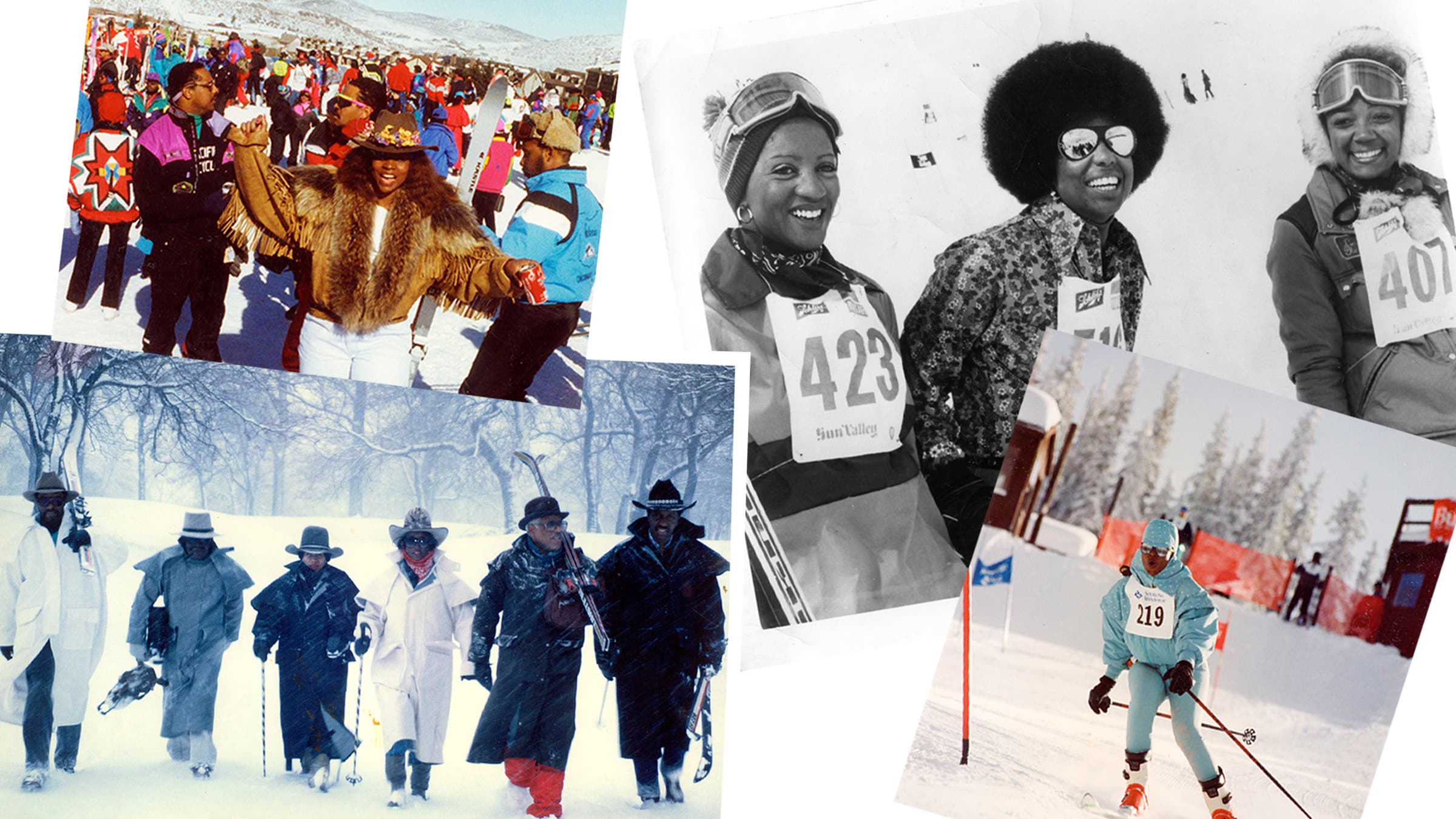 Clockwise from top left: Aspen Snowmass in the 1990s; Vail, 1993; Sun Valley, 1979; Ron Blackman, Bob White, Ann Burchett, Mamie and Art Clay, and Jay Blackman in 1985