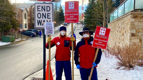 Park City Mountain patrollers picketing outside the resort on Saturday