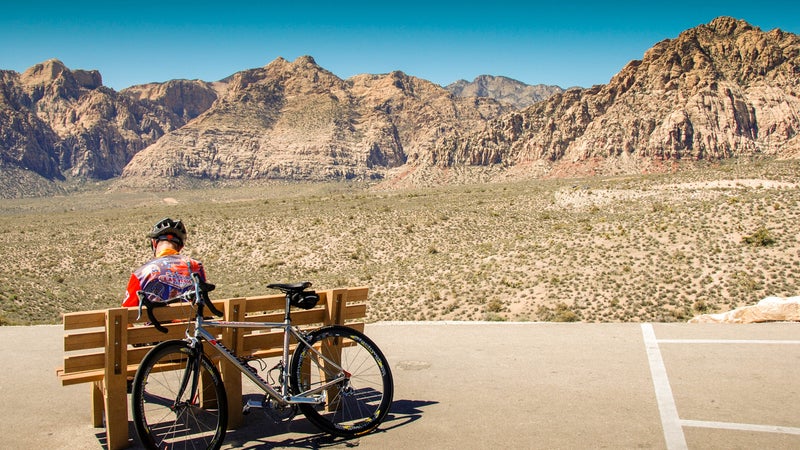 Cyclist resting in the Red Rock Canyon Conservation Area near Las Vegas