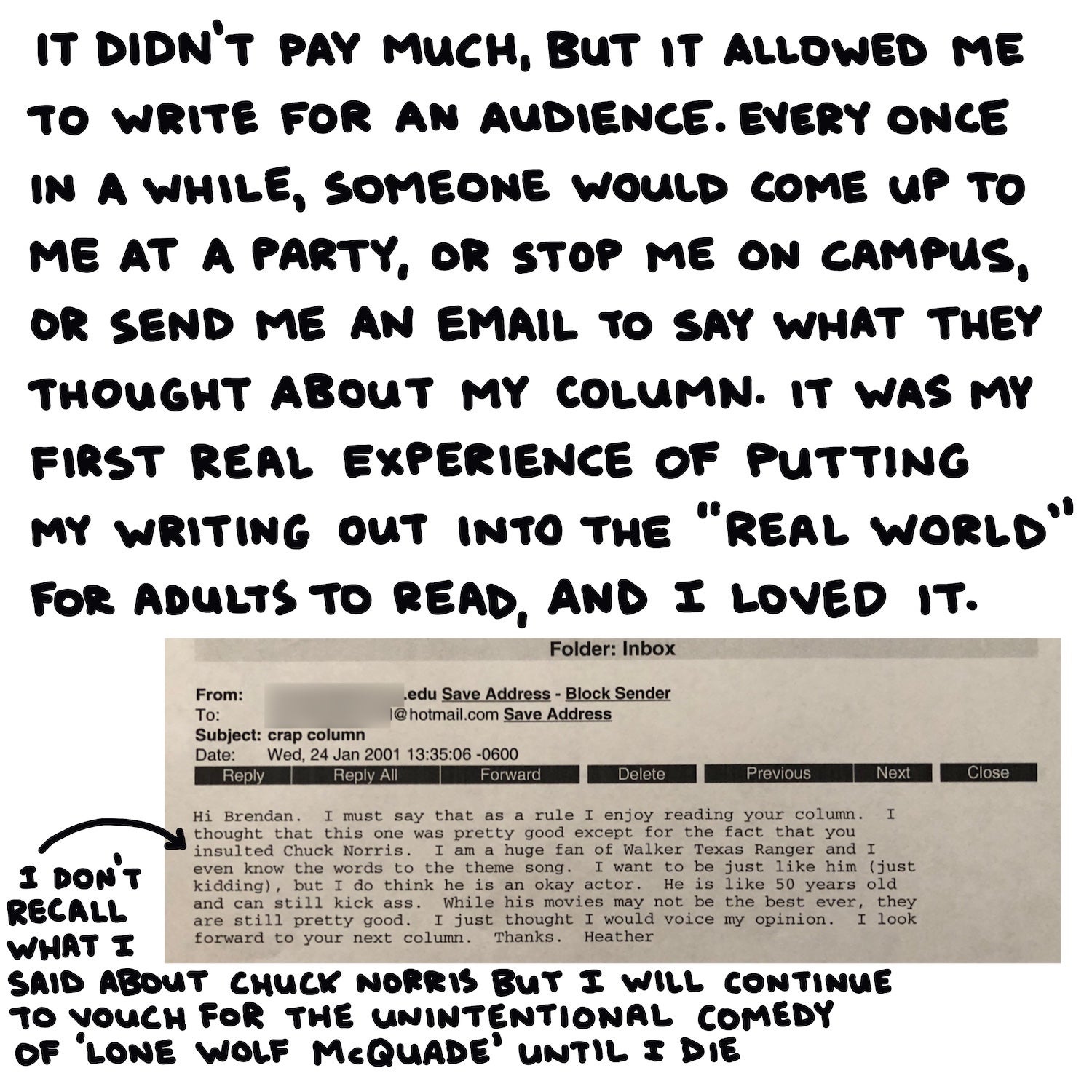 It didn’t pay much, but it allowed me to write for an audience. Every once in a while, someone would come up to me at a party, or stop me on campus, or send me an email to say what they thought about my column. It was my first real experience of putting my writing out into the “real world” for adults to read, and I loved it.