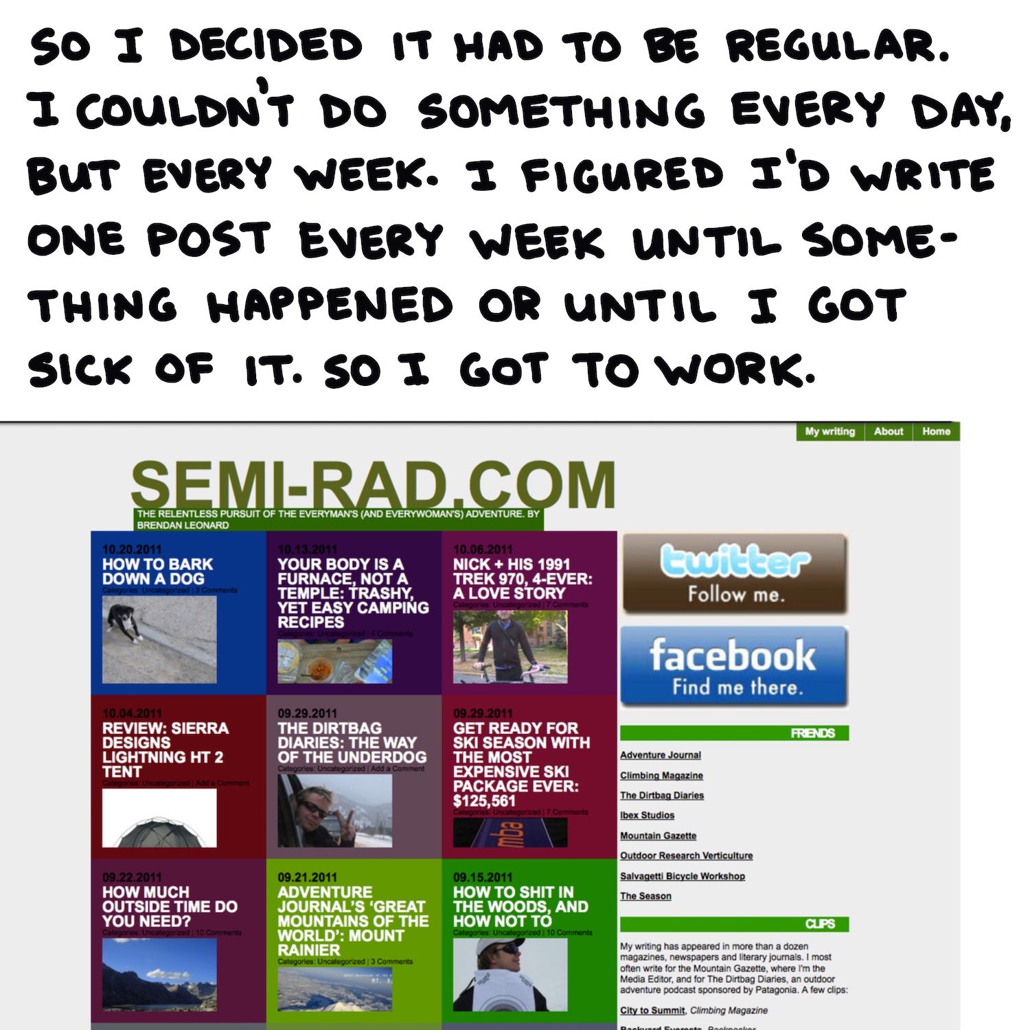 So I decided it had to be regular. I couldn’t do something every day, but every week. I figured I’d write one post every week until something happened or I got sick of it. So I got to work.