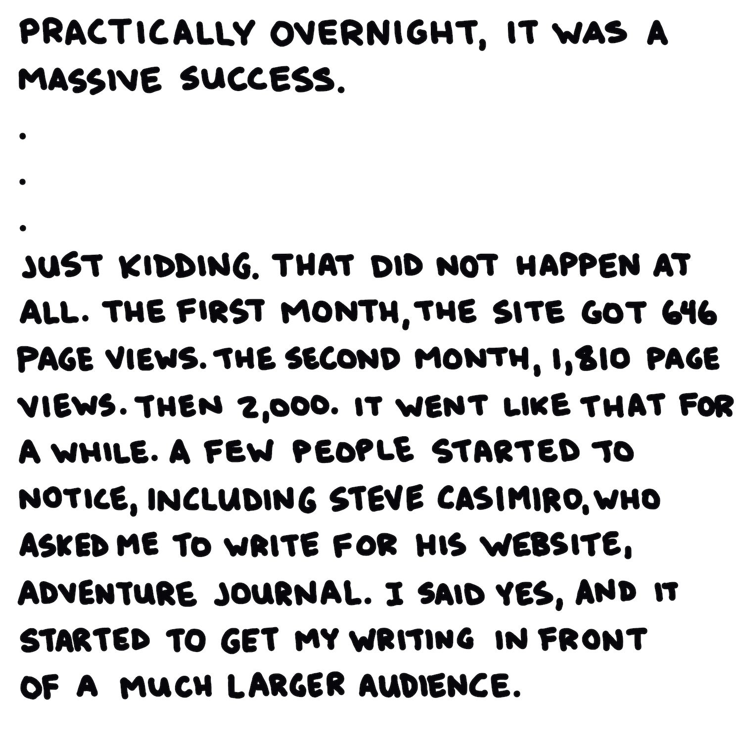 Practically overnight, it was a massive success. . . . Just kidding. That did not happen at all. The first month, the site got 646 page views. The second month, 1,810 page views. Then 2,000. It went like that for a while. A few people started to notice, including Steve Casimiro, who asked me to write for his website, ϳԹ Journal. I said yes, and it started to get my writing in front of a much larger audience.