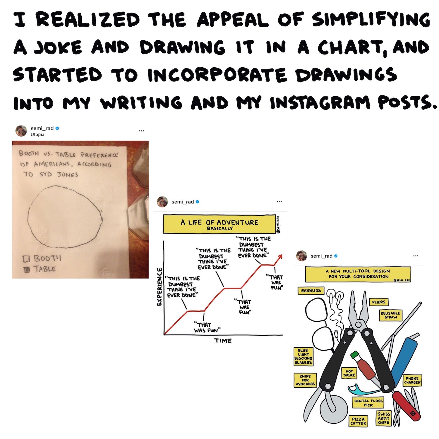 I realized the appeal of simplifying a joke and drawing it in a chart, and started to incorporate drawings into my writing and my Instagram posts.