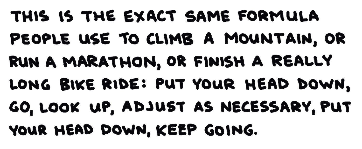 This is the exact same formula people use to climb a mountain, or run a marathon, or finish a really long bike ride: put your head down, go, look up, adjust as necessary, put your head down, keep going.