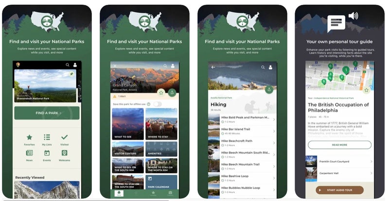 Access maps, bookmark trails, see park alerts, and more