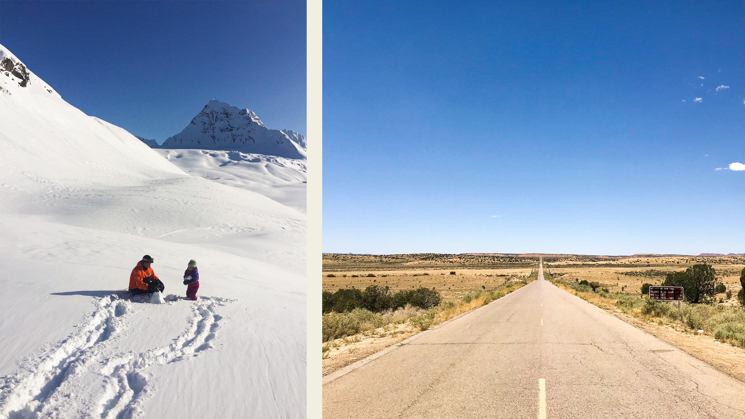 Cummings helping John Fullbright’s daughter, Esme, build a snowman in 2018; the road to San Luis, New Mexico