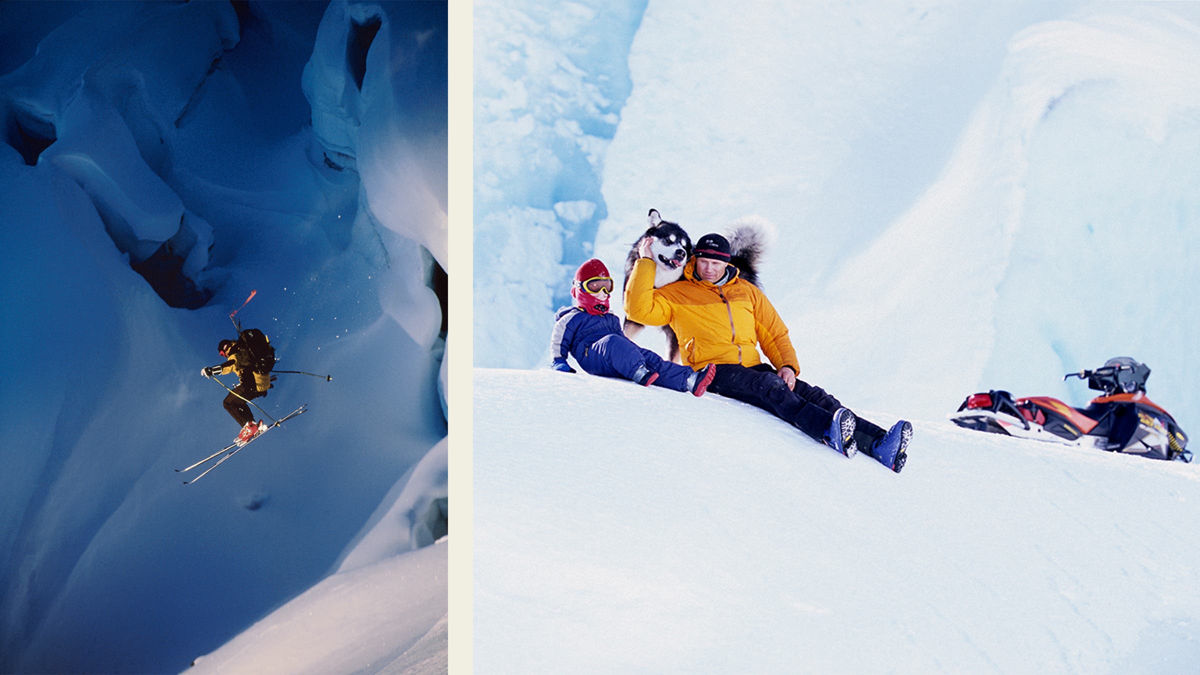 Cummings in midflight while skiing for MSP Films in 1997; Cummings and his son Wyatt on Alaska’s Worthington Glacier in 2006