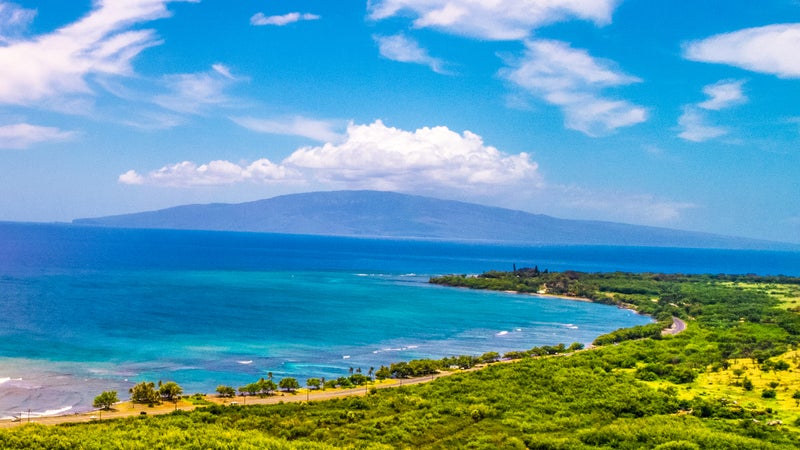 Green lush West Maui Mountains seen from high up in Lahaina, Hawaii