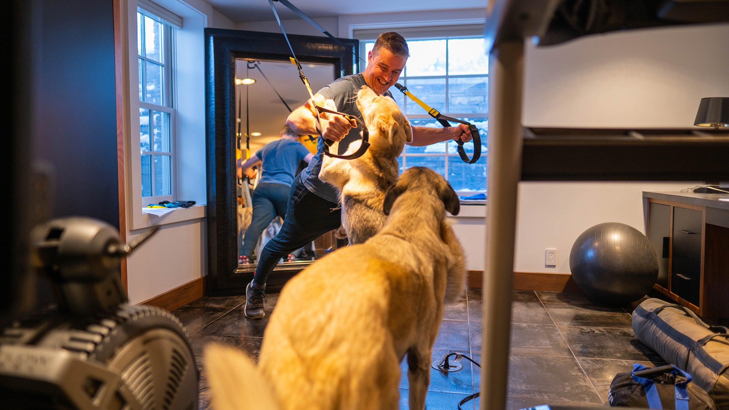 The dogs are fascinated by workouts for some reason. 