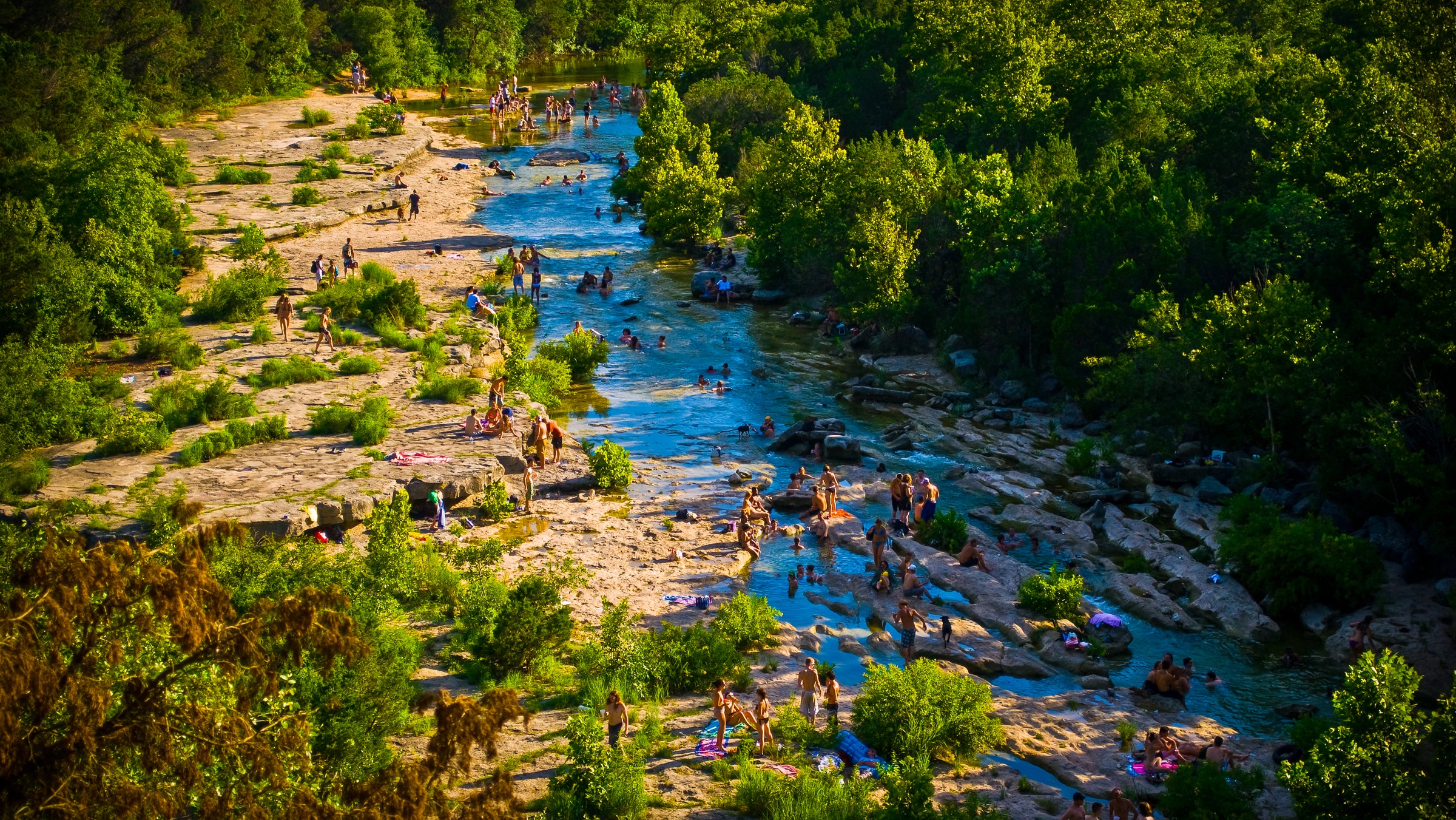 Large Crowd Austin , Texas Greenbelt Summer Fun Barton Creek