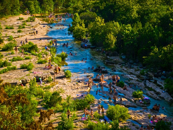 Large Crowd Austin , Texas Greenbelt Summer Fun Barton Creek