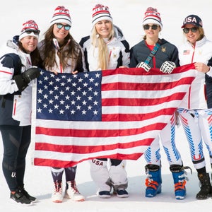 From left: U.S. downhillers Stacey Cook, Breezy Johnson, Lindsey Vonn, Laurenne Ross and Alice McKennis