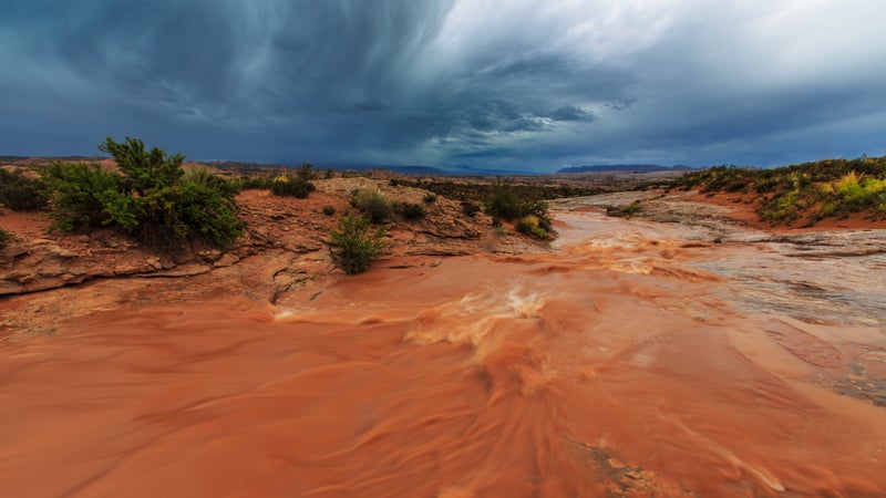 Storm, rain and flash flood in American desert