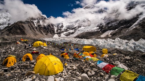 Tents set up at Everest Base Camp on Khumbu glacier, Mt.