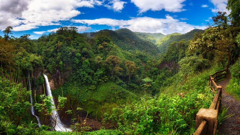 Catarata del Toro waterfall with surrounding mountains in Costa Rica