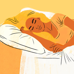 Illustration of a woman sleeping peacefully on a pillow with closed eyes