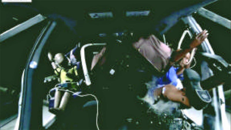 This photo was captured mid-test, from the dashboard facing rearwards, as the luggage penetrated the rear seats. Again, this replicates a crash of around 30 MPH, with four 50 pound suitcases.