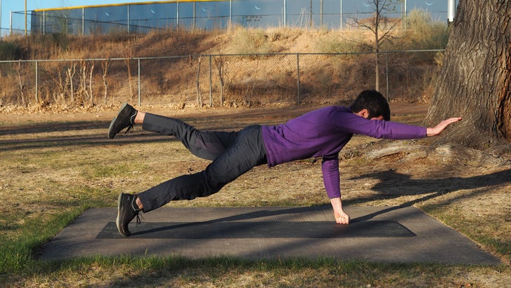 man in a high fist plank extending right arm and left leg forward and back