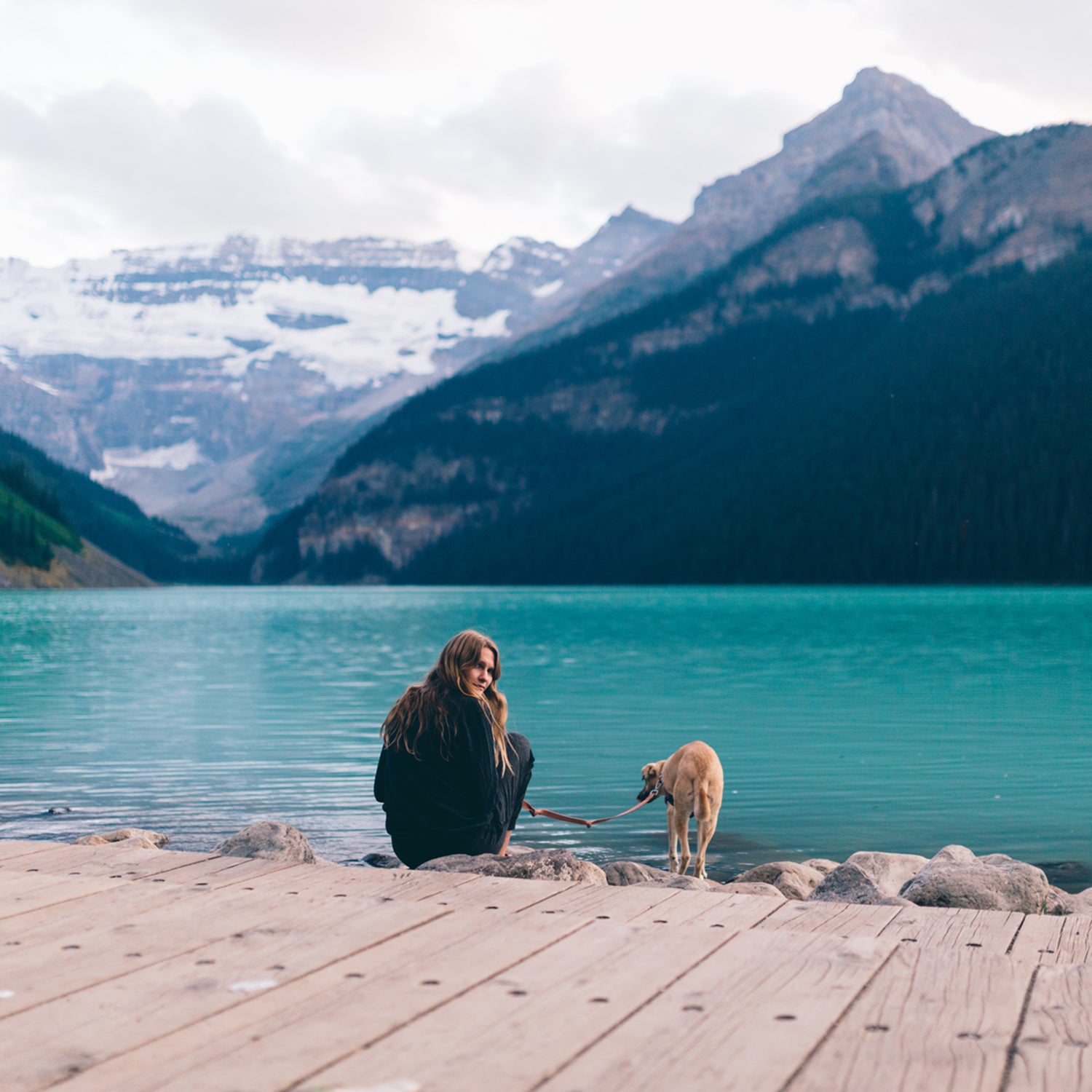 A Girl And Her Dog On A Blue Lake