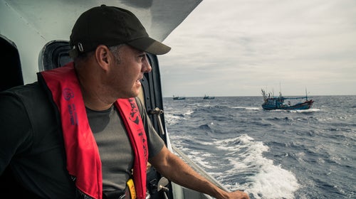 Journalist Ian Urbina aboard the Indonesian patrol ship Macan in the South China Sea