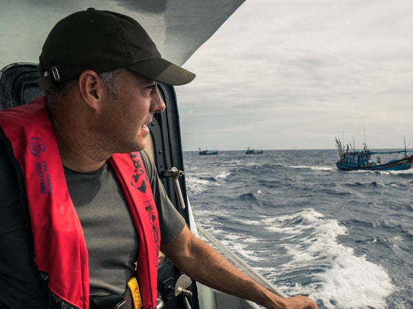 Journalist Ian Urbina aboard the Indonesian patrol ship Macan in the South China Sea