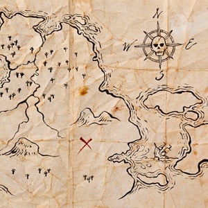Pirate Map to Buried Treasure, Isolated on White. Horizontal.