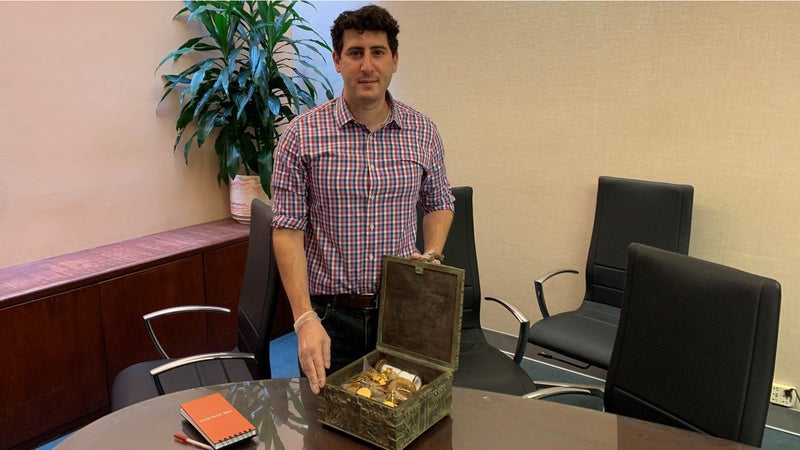 The author with Forrest Fenn's treasure chest in Sante Fe, New Mexico