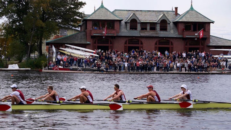 Deuel (third from right) rowing on the starboard side for Harvard during the Head of the Charles Regatta