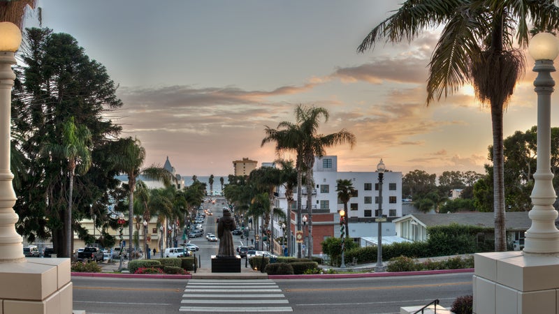 Small town nightlife as sun begins to set.