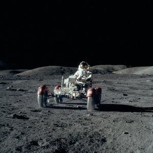 Apollo 17’s Gene Cernan test-drives the third rover used on the moon, minutes after the machine was deployed on December 11, 1972.