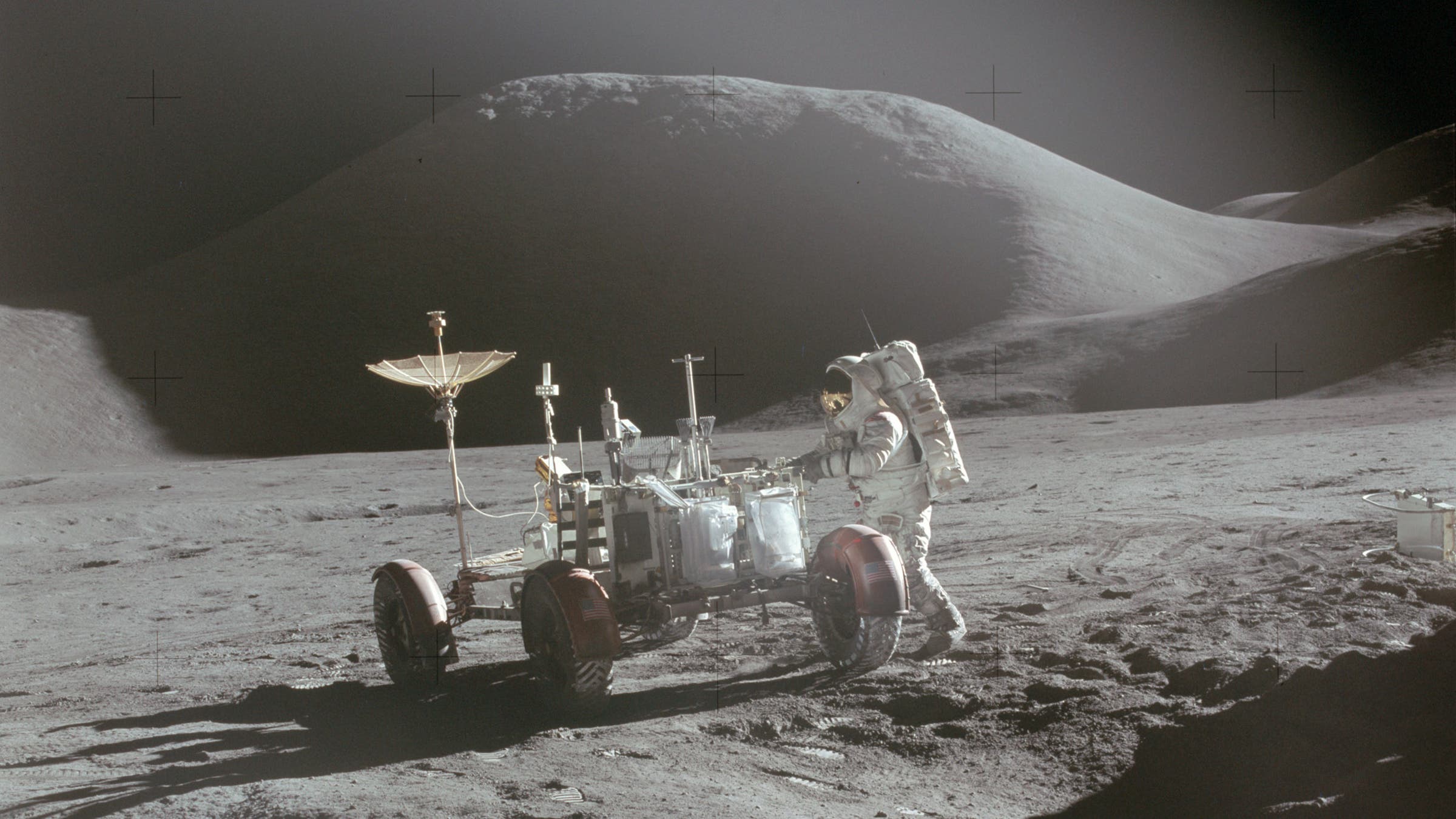 Irwin straightens up the Apollo 15 rover after its first run.