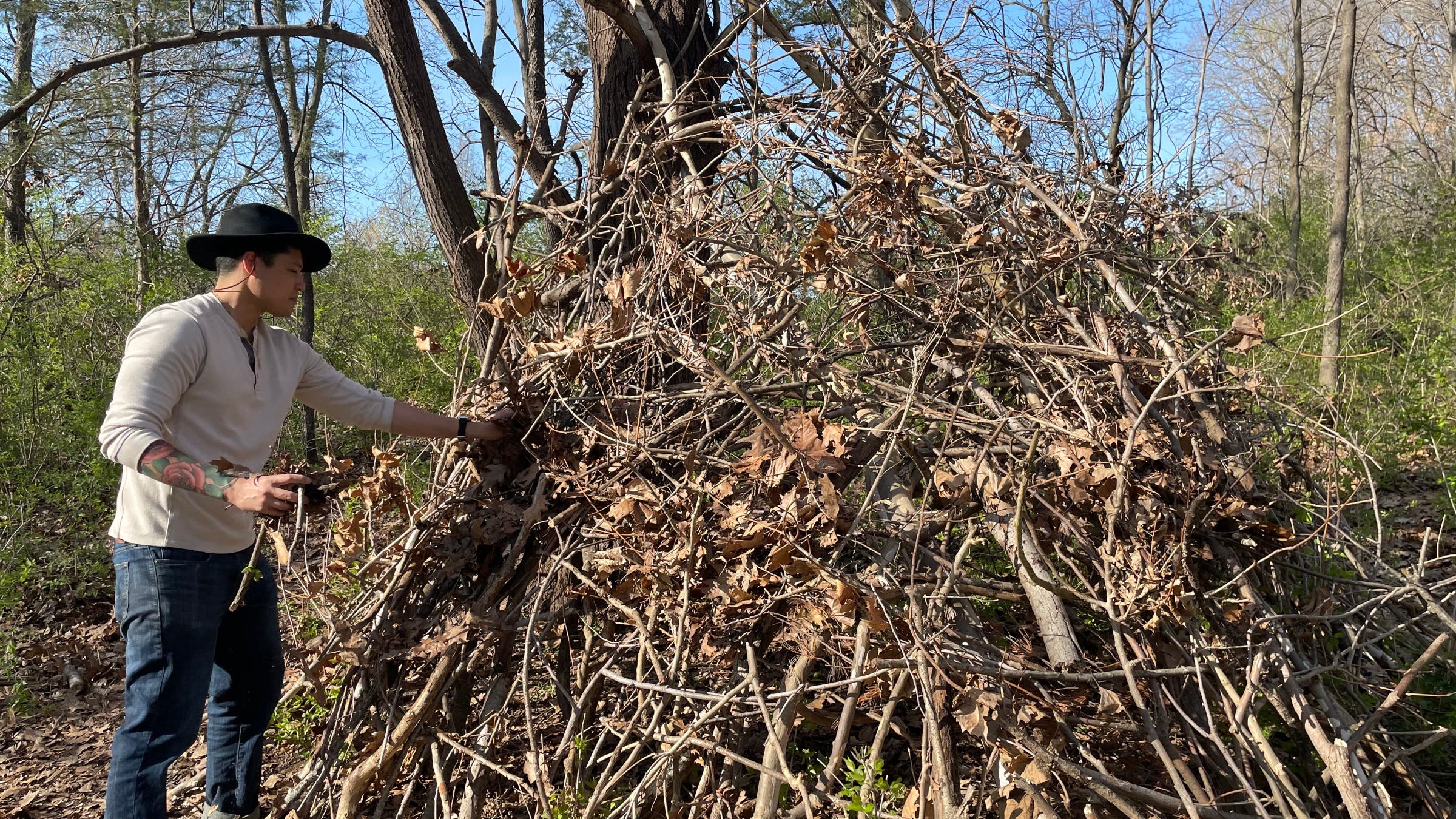 The author building a shelter.