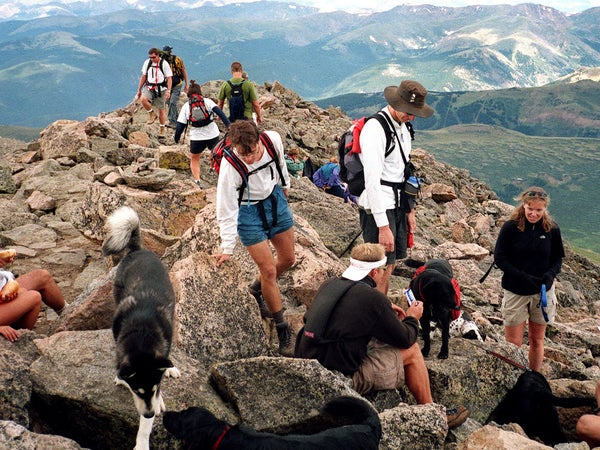 Crowded mountain summit