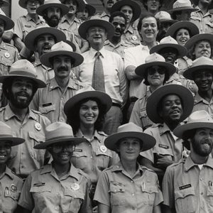 Mayor Ed Koch and NYC Parks Commissioner Gordon J. Davis introduce the first class of Urban Park Rangers in 1979.
