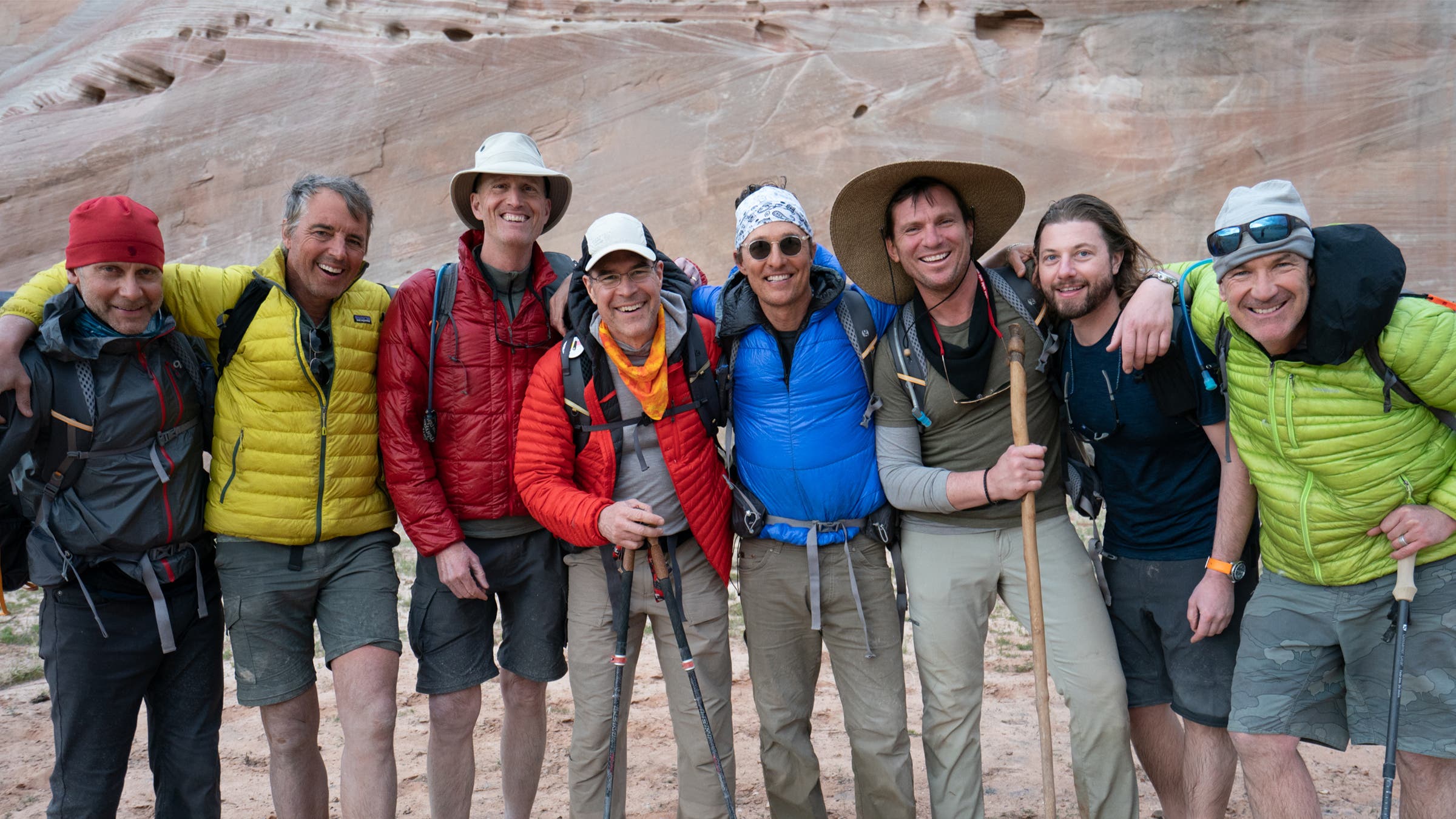 Ali Selim, Dan Buettner, Glen Van Peski, Edward Driscoll, Matthew Mcconaughey, Bill Weir, Ben Graves, and David McLain (from left) at the end of the trek