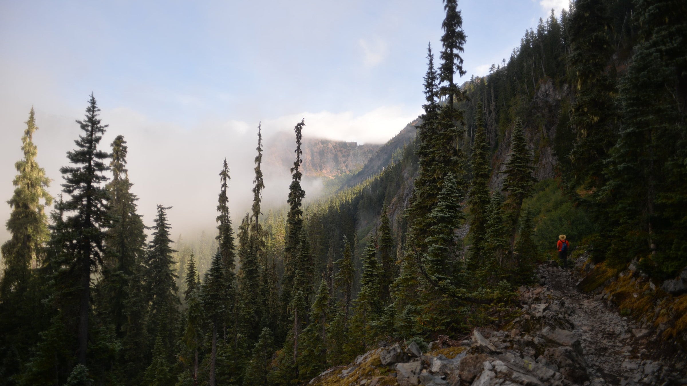 A hiker traverses the PCT's Kendall Katwalk near Seattle.