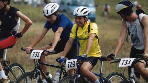 The author, in yellow, at a mountain-bike race in 1993
