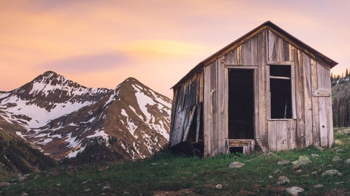 Abandoned cabin shot during sunset on the Alpine Loop, near Animas Forks ghost town