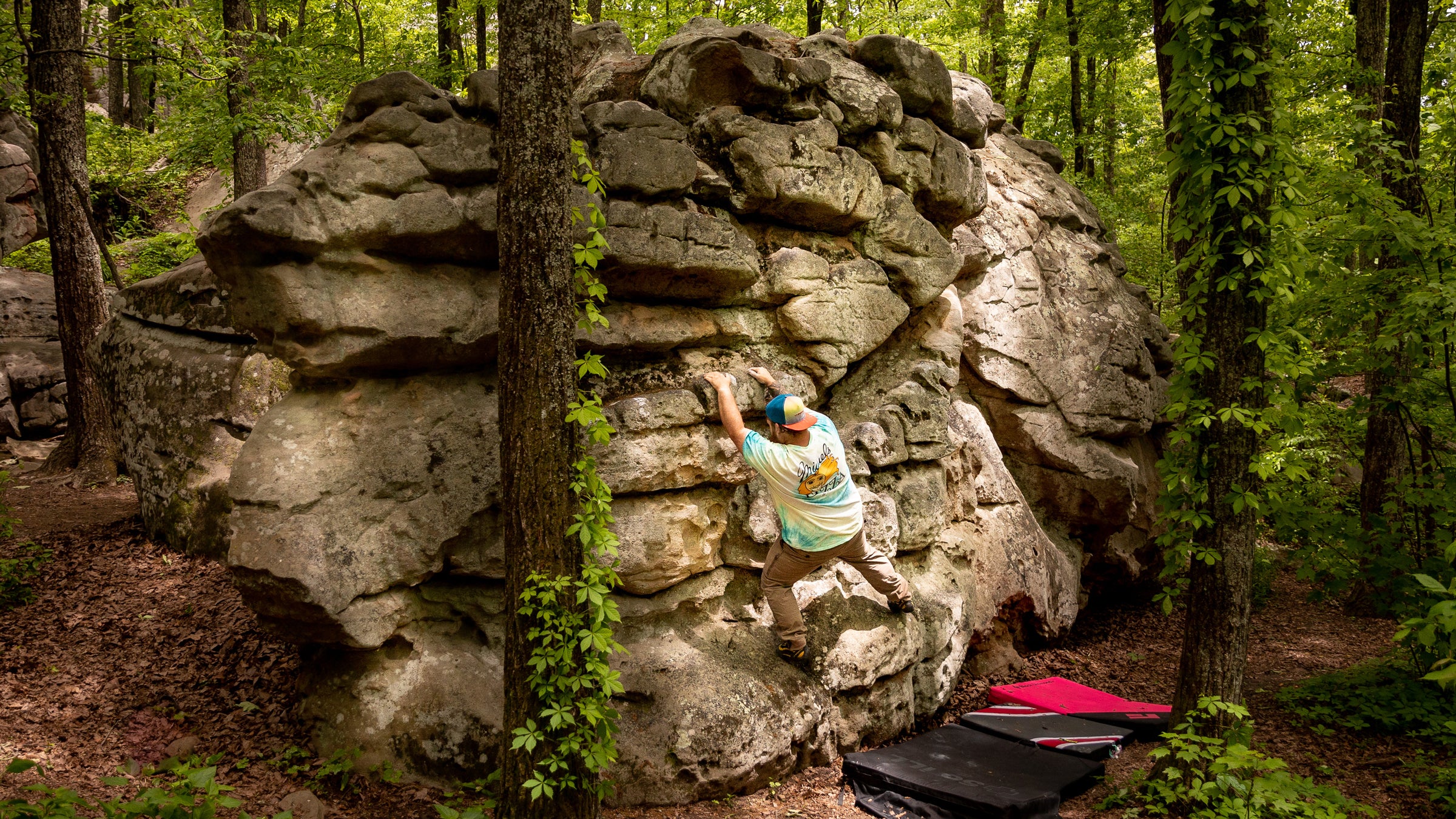 Drew Hulsey working across a traverse that his wife, Sarah, set for him.