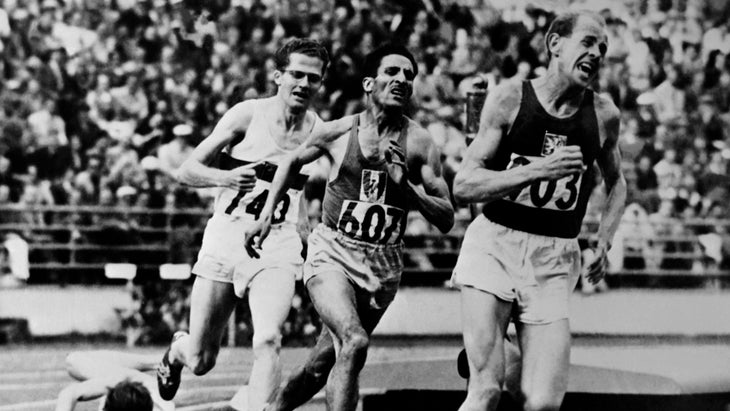 Czech Emil Zatopek leads during the Olympic 5000 meter race in Helsinki in 1952