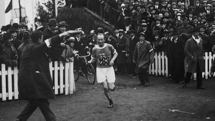 Hannes Kolehmainen wins the Olympic marathon in 1920.