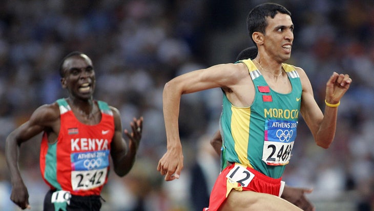 Hicham El Guerrouj and Eliud Kipchoge compete in the 5,000 meter final in 2004