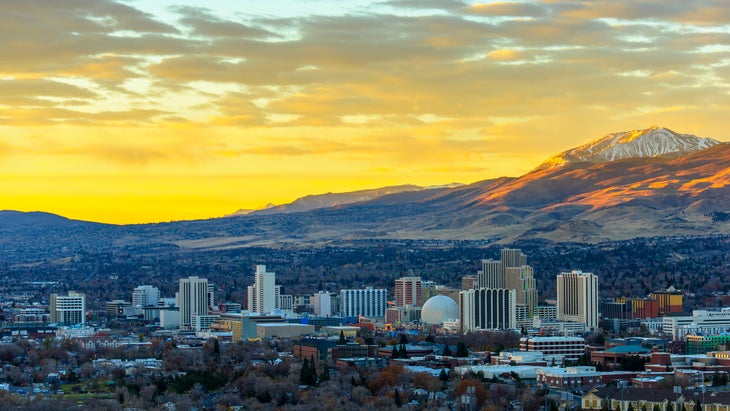 reno nevada at sunset, one of the most affordable mountain towns