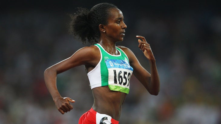 Tirunesh Dibaba Kenene competes in the 5000 meter final at the Beijing Olympics in 2008