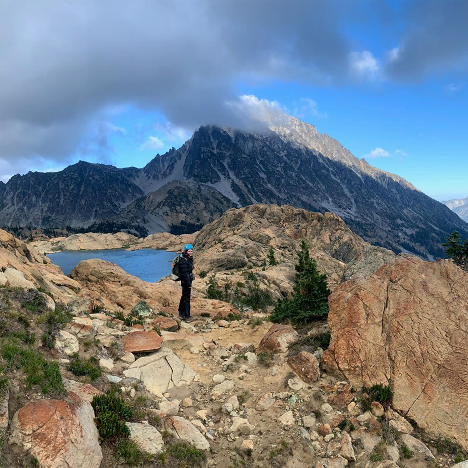 Katie hiking out, after climbing the South Ridge of Ingalls Peak in the Cascades, 2021 with friends Sarah Hudson and Kat Cormier-Jones